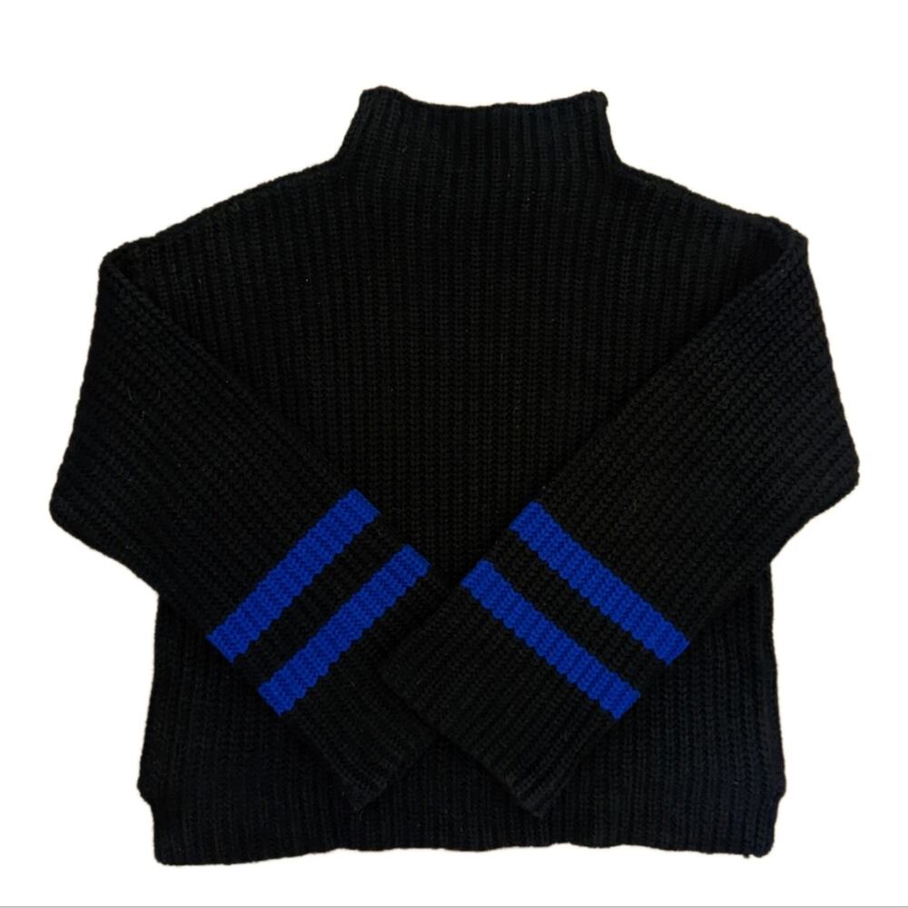 Scripted Mock Neck, Chunky Knit, Ribbed High Lo Cropped Striped Sweater - Picture 2 of 4